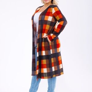 Cozy Plaid Open Front Cardigan - Orange, Red, Black